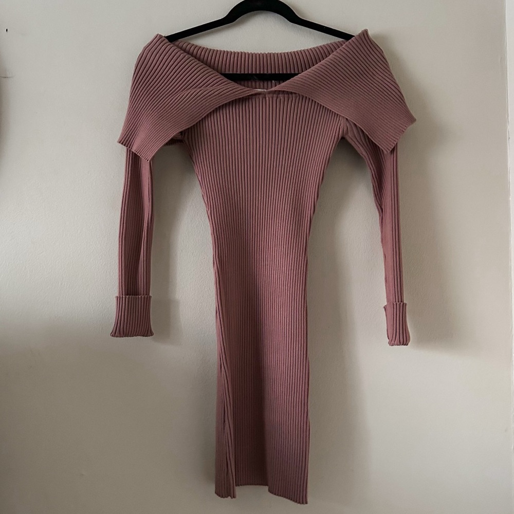 ZARA Ribbed Off-the-Shoulder Dress - Mauve - Elegant Knit Midi